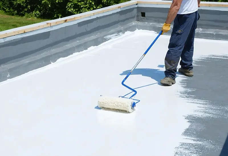Worker rolling white coating onto a flat roof