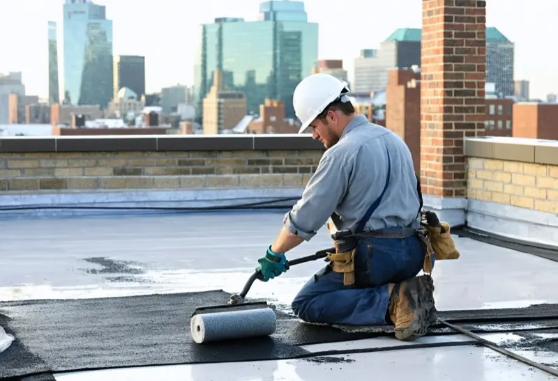 Roofer in a hard hat pressing a new membrane onto a flat roof with a hand roller, city towers behind