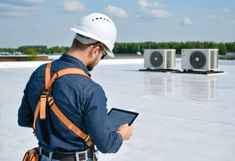 Roof inspector in a hard hat and harness checking a white flat roof with a tablet
