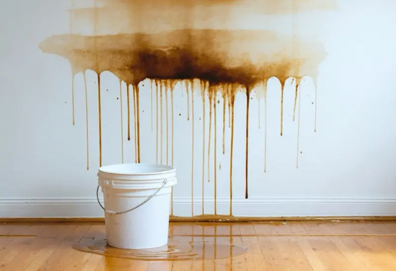 Brown water stain running down an interior wall into a bucket on the floor