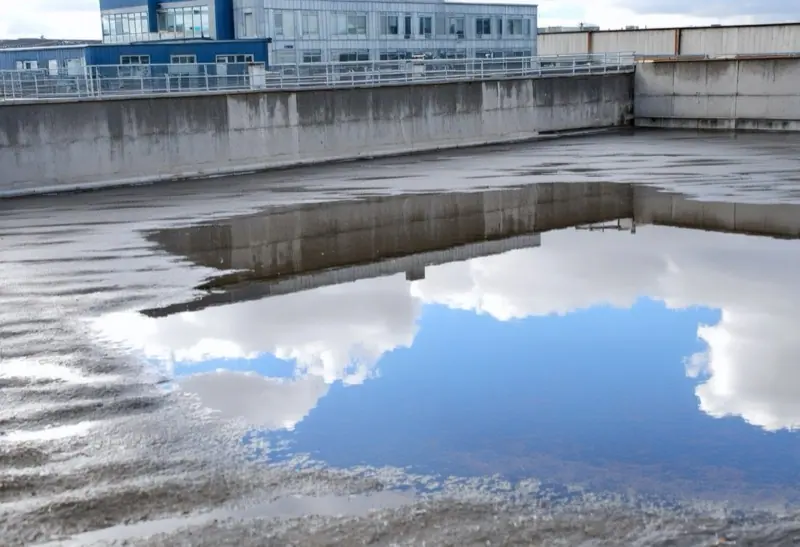 Large pool of standing water reflecting the sky on a commercial flat roof